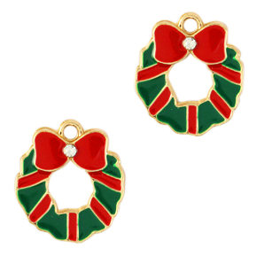 Bedel kerstkrans goud/groen/rood 17 x 16 mm