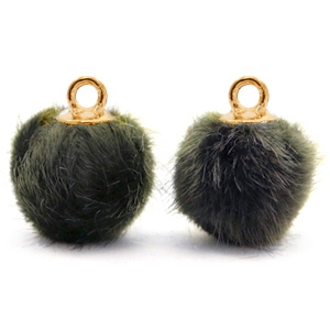 Pompom bedel met oog faux fur 12 mm Olive grey-gold