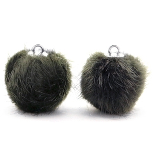 Pompom bedel met oog faux fur 12 mm Olive grey-silver.