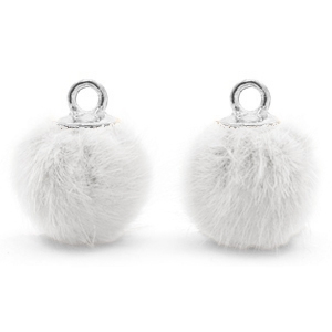 Pompom bedel met oog faux fur 12 mm White-silver