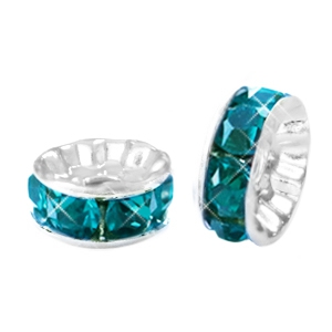 Strass kralen rondel 10 mm  silver-petrol blue