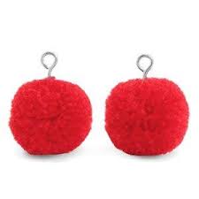 Pompom bedel met oog 15 mm red silver