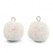 Pompom bedel met oog 15 mm. Mix turquoise / light pink