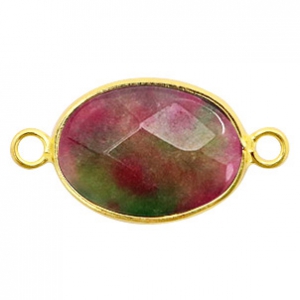 Tussenstuk ovaal 28 x 14 mm. Half edelsteen China labradorite gold / Fuchsia green / gold