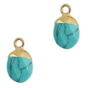 Natuursteen hanger turquoise / gold 14 x 8 mm.