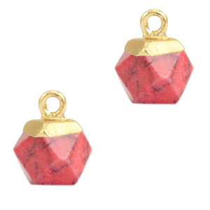 Natuursteen hanger hexagon red marble / gold. 12 x 8 mm.