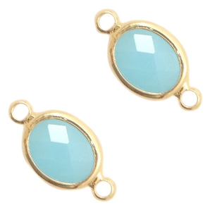 Tussenstuk crystal glas ovaal 16mm x 10 mm. Turquoise blue crystal opal / gold