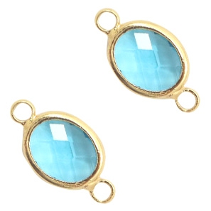 Tussenstuk crystal glas ovaal 16 x 10 mm. Turquoise blue crystal / gold