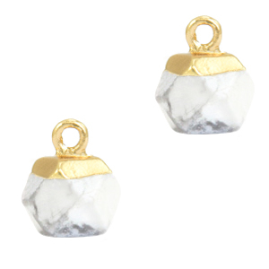 Natuursteen hanger hexagon white marble / gold 12 x 8 mm.