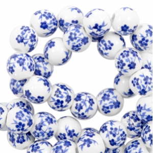 Kralen keramiek 8 mm Wit-delfts blauw