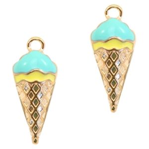 Bedel ijs / ijsje / icecream 24,5 x 8 mm. Turquoise / geel en goudkleur