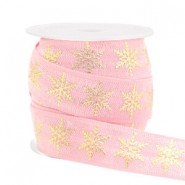 Elastisch lint 15 mm breed / 50 cm lang snowflake light pink / gold