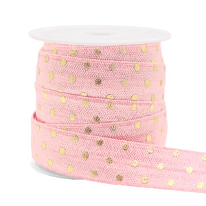 Elastisch lint 15 mm breed / 50 cm lang. Light pink / gold dots