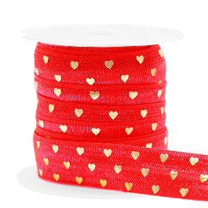 Elastisch lint 15 mm breed / 50 cm lang. Red / gold hearts