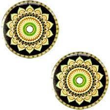 Cabochon 20mm mandala zwart / groen / geel