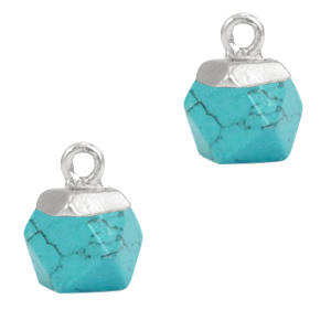 Hanger natuursteen hexagon 12 x 8 mm Marble turquoise / silver