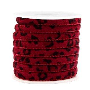 Gestikt koord 6 x 4 mm leopard print rood. Per 20 cm